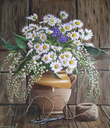 Oil still life on canvas, wildflowers in a jug, daisies, bird cherry, scissors and a ball of whip. thumb