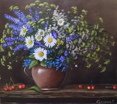 Oil still life on canvas, wildflowers in a jug, white daisies, blue and yellow flowers. thumb