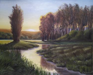 Oil painting, canvas, evening landscape, summer, fog on the pond, sunset, the last rays of the sun, shining in the sky. thumb