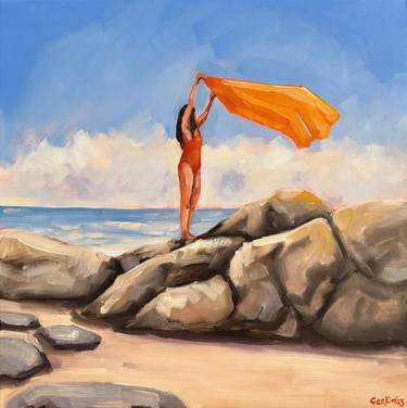 The Girl on the Rocks - Woman on Beach Coastal Art thumb