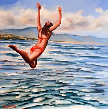 Jumping in Ocean - Woman Swimmer Diving in Ocean Coastal Seascape thumb