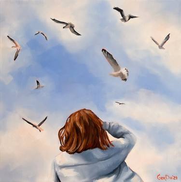 Girl and Flying Birds - Female Portrait Cloud Sky Painting thumb