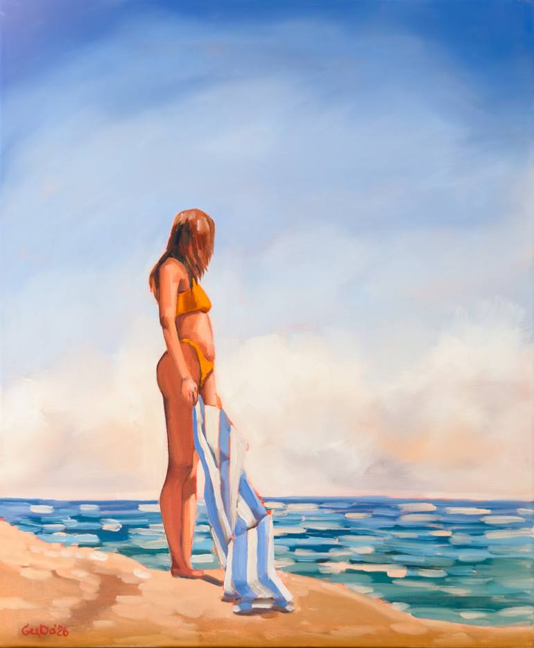 Woman In Yellow Bikini - Female Figure on Beach Original Painting by Daria Gerasimova