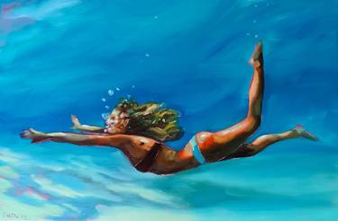 Underwater 4 - Female Figure Swimming Woman in Ocean Painting thumb