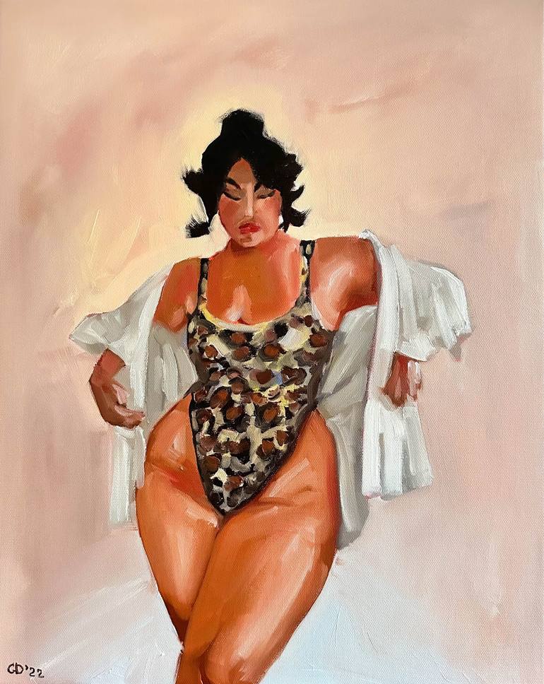 Beautiful and confident plus size woman in nude underwear pinturas