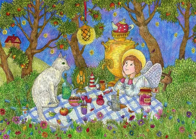An Angel And A Cat Are Drinking Tea In A Fairy Garden Drawing By Ekaterina Karpushchenkova Saatchi Art