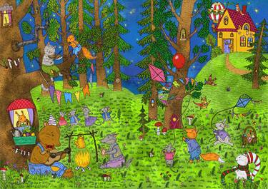 Cute animal musicians in the fairy forest. thumb