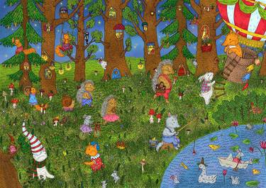 Cute animals are walking in the fairy forest. thumb