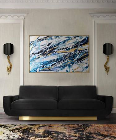 Living inside a dream / Large Abstract Blue & Gold Leaf Art thumb