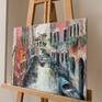Original hand made oil painting on canvas. Textured painting is done using brush and pallet knife technique. Signed by artist in lower left corner. This painting was made during my stay in Italy and it depicts Venice, Italy street, canal scene, gondolier, Italian architecture, city landscape. Painting is canvas stretched and is completely ready to hang.