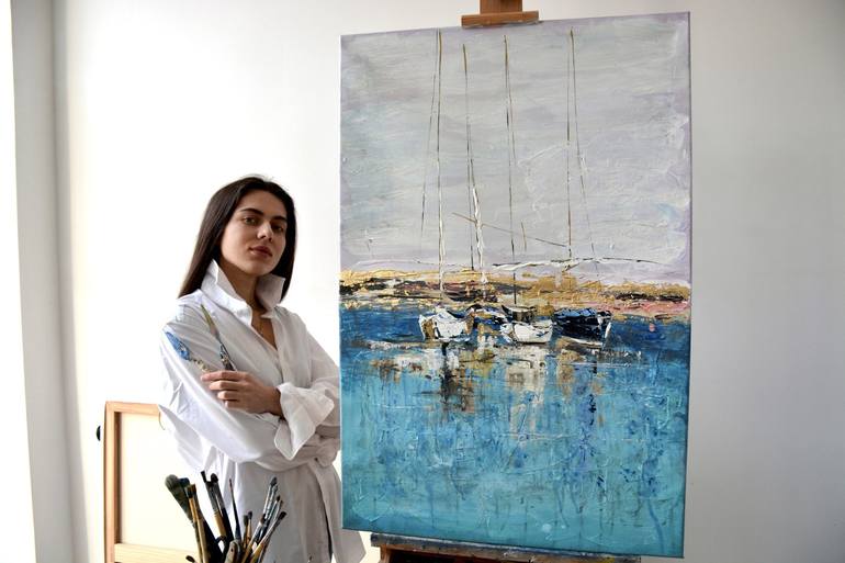 Original Abstract Sailboat Painting by Tetiana And Victoria Hutsul