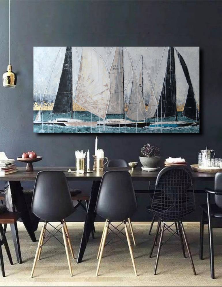 Original Abstract Sailboat Painting by Tetiana And Victoria Hutsul