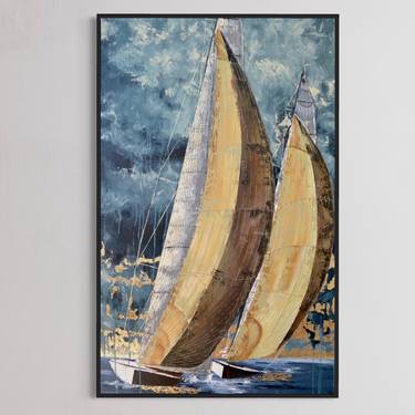 Oceans couldn't stop me / XXL Yellow Sailboats Blue Seascape Art thumb