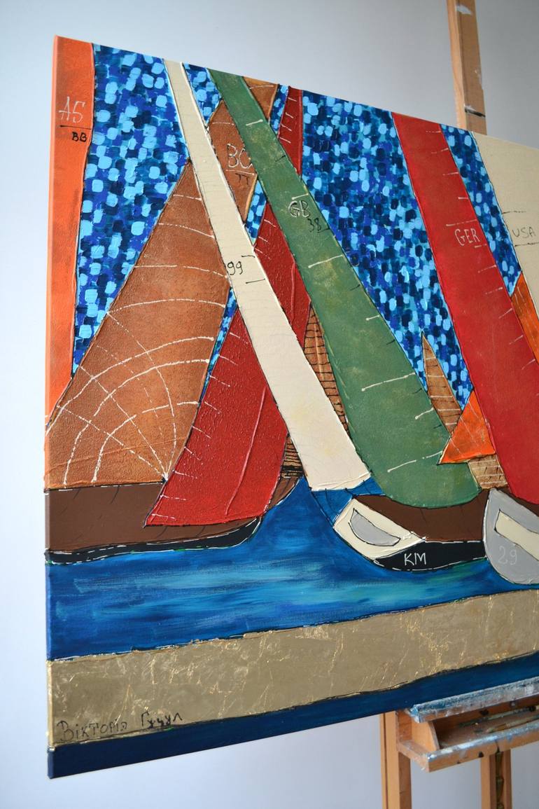 Original Art Deco Sailboat Painting by Tetiana and Victoria Hutsul