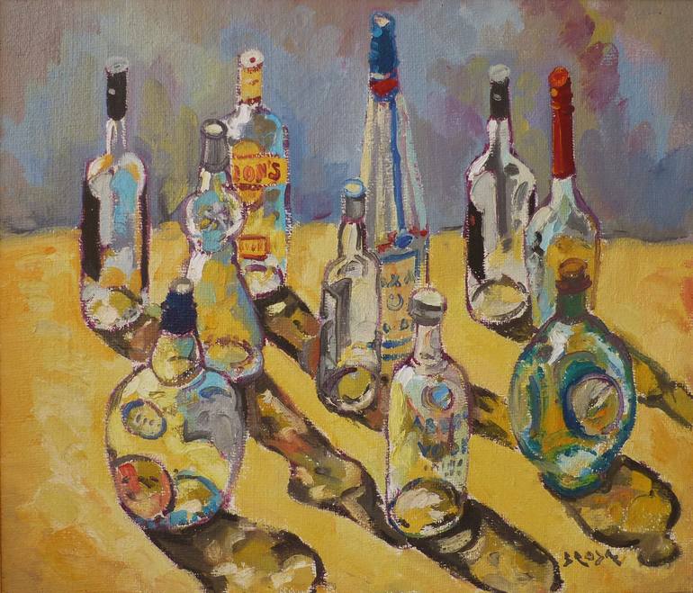 still life with empty bottles Painting by Benet Brojaj | Saatchi Art