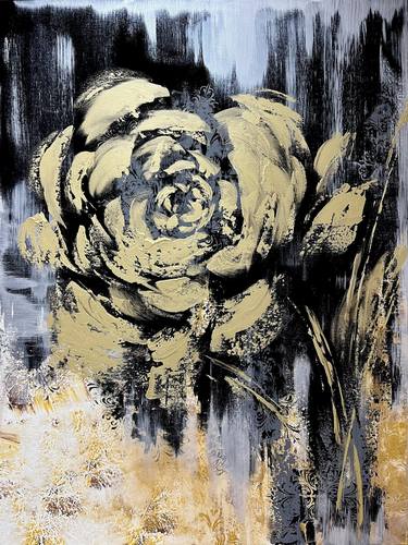 Golden Black abstract painting. Black gold abstraction flower. thumb