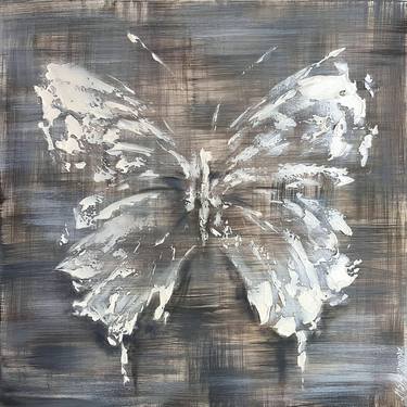 Silver mother-of-pearl butterfly. Abstract butterfly painting. thumb