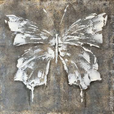 White Abstract butterfly painting.Gray texture pearl butterfly. thumb