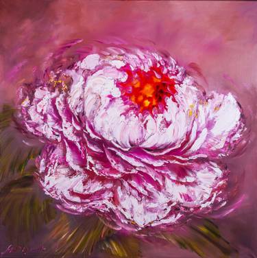 LARGE PEONY BUD - Oil painting on canvas, Pink peony oil, White lush peony on a pink background. thumb
