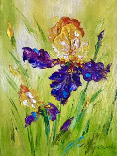 BRIGHT BLUE IRISES - field with irises, irises impasto. thumb