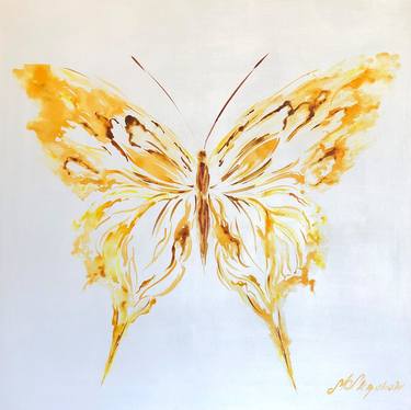 PATTERNS OF FIRE - A large butterfly in a painting in an abstract technique. Abstract with a yellow butterfly. Yellow butterfly abstract painting on a large canvas. thumb