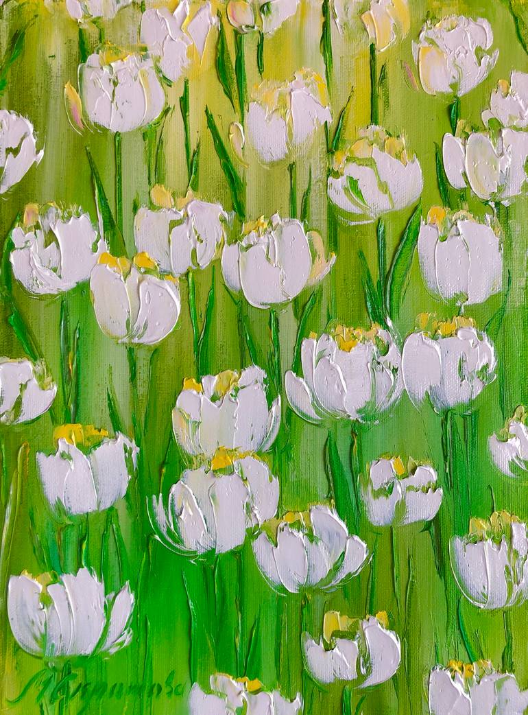 Oil Flower Oil Painting White Tulip Original Art Large Flower Wall Art 