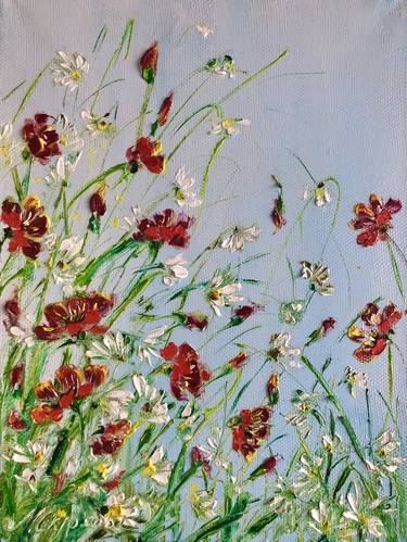 Poppy MORNING - Oil painting with field daisies and red poppies. Flowers under the blue sky. thumb