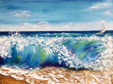 WAVE MUSIC - Large Ocean Painting, Canvas Blue Water. thumb