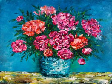 PEONY - Pink Peonies Bouquet in Tin Vintage Pink Peony Painting thumb