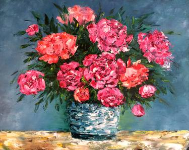 Pink peony bouquet impasto floral oil painting