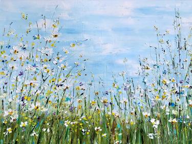 FIELD DAISIES - Field of Flowers Original Art Oil Painting. thumb