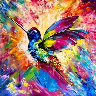 COLOR ENERGY - Rainbow hummingbird art, hummingbird painting. thumb