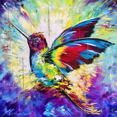 RAINBOW FLIGHT - Blue hummingbird art, hummingbird painting. thumb