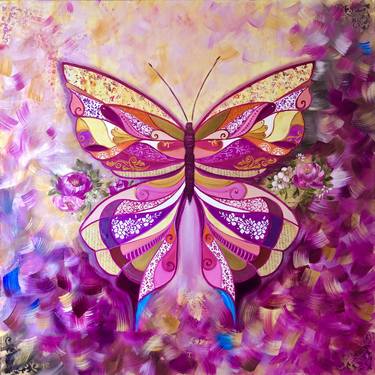 PRINCESS - Gentle oil painting pink butterfly, Big butterfly. thumb