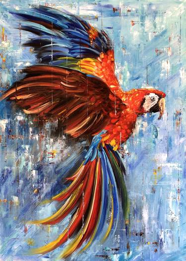 BRIGHTNESS OF FLIGHT-Bright parrot Macaw modern stylish painting. Tropical red bird author's picture in the office. A large parrot with bright feathers on canvas. thumb