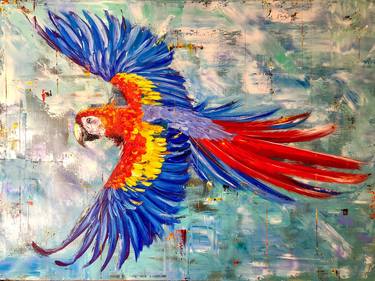 FREEDOM - Unique oil painting with a red parrot as a gift for men, exotic animal drawing in livingroom, wall art decoration tropical parrot Ara gift thumb