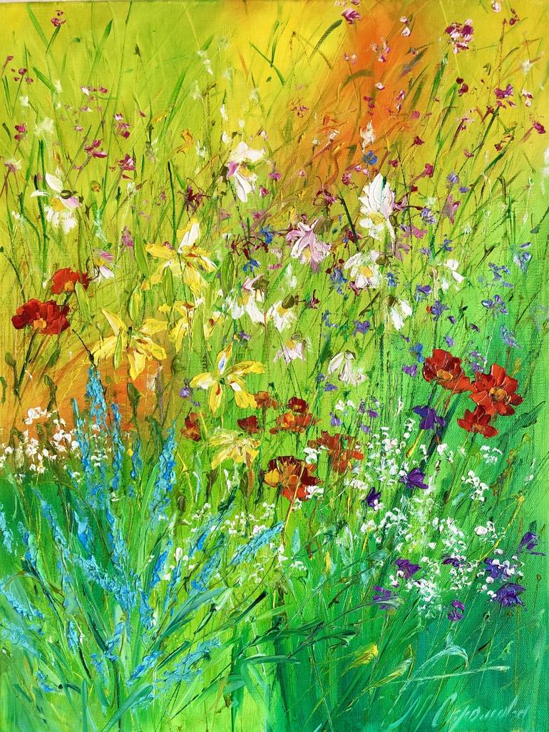 RAINBOW WILDFLOWERS - Oil painting with meadow flowers. Printmaking by  Marina Skromova | Saatchi Art