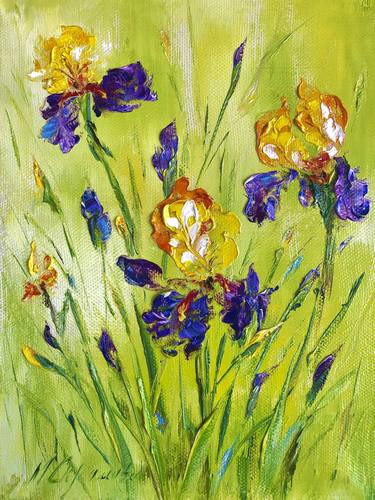 BRIGHT BLUE IRISES - Landscape oil painting with colorful irises. thumb
