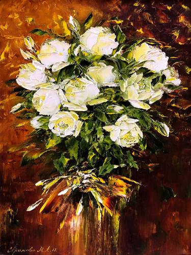 DECLARATION - Oil painting with white roses in a vase with bow. thumb