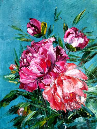 PEONY - Oil painting with peonies on turquoise background thumb