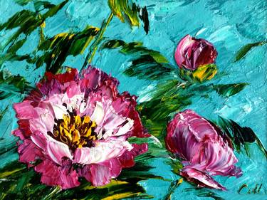 PEONIES - Pink peonies oil painting in interior, floral still. thumb
