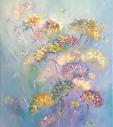 GONE WITH THE WIND - Abstract painting flying flowers, floral bouquet of yellow dandelions, floral drawing dandelions, meadow wildflowers abstraction thumb