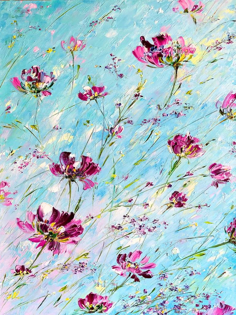 THROUGH THE SKY - Flying flowers oil painting, purple flowers in