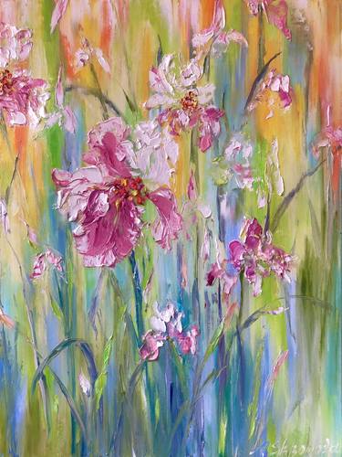 TENDERNESS - Fragment of wall art, gentle pink irises wall art. thumb