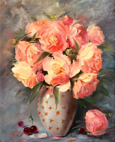 PEACH BLOSSOMS - Still life. Peonies. Classical. Peach. thumb