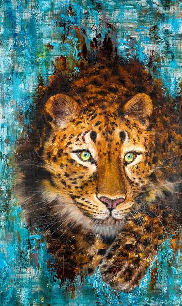 A WILD PREDATOR - Leopard on a large canvas. Painting with a Leopard in an abstract style. An abstraction with a Wild Leopard. thumb