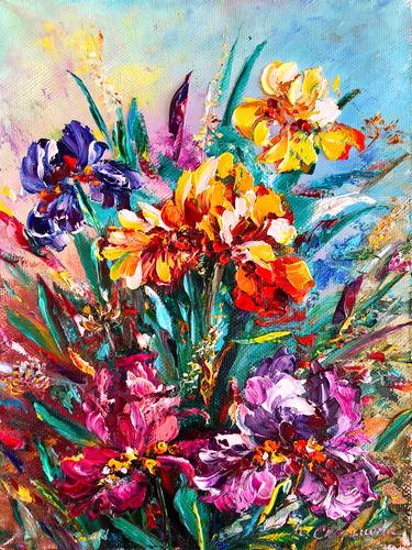 BRIGHT IRISES - Fragment of wall art, multicolored irises. thumb