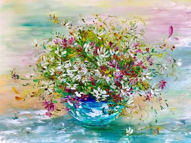 FLOWER SALUTE - Bright oil painting daisies vase. thumb