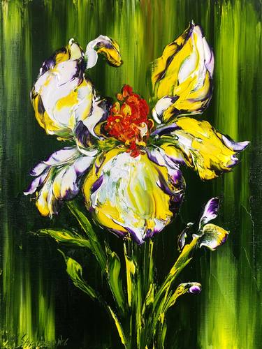 SUNNY GREETINGS - Big iris flowers. Yellow flower. Green background. Huge flower. Floral painting. Summer flowers. Iris bud. Iris yellow - Limited Edition of 150 thumb