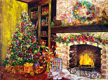 EVENING BY THE FIREPLACE - Fireplace, New Year, Christmas, Christmas Tree, Cozy house, Comfort, Happiness, Family, Family estate, Fire, Christmas Toys. - Limited Edition of 150 thumb